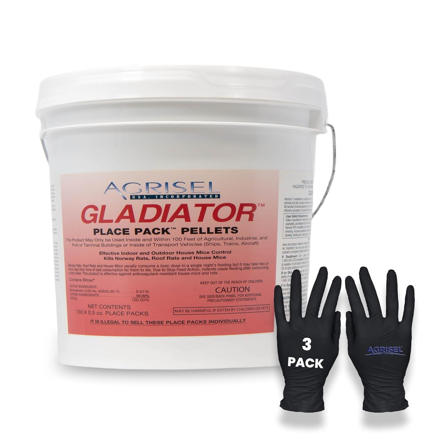 Gladiator Rodenticide, Mouse Bait, Rat Bait, Single-Dose Rodent Control, Use Indoor & Outdoor, Includes 3-Pack of Agrisel Protective Gloves, 130 Pellets (.5 oz)