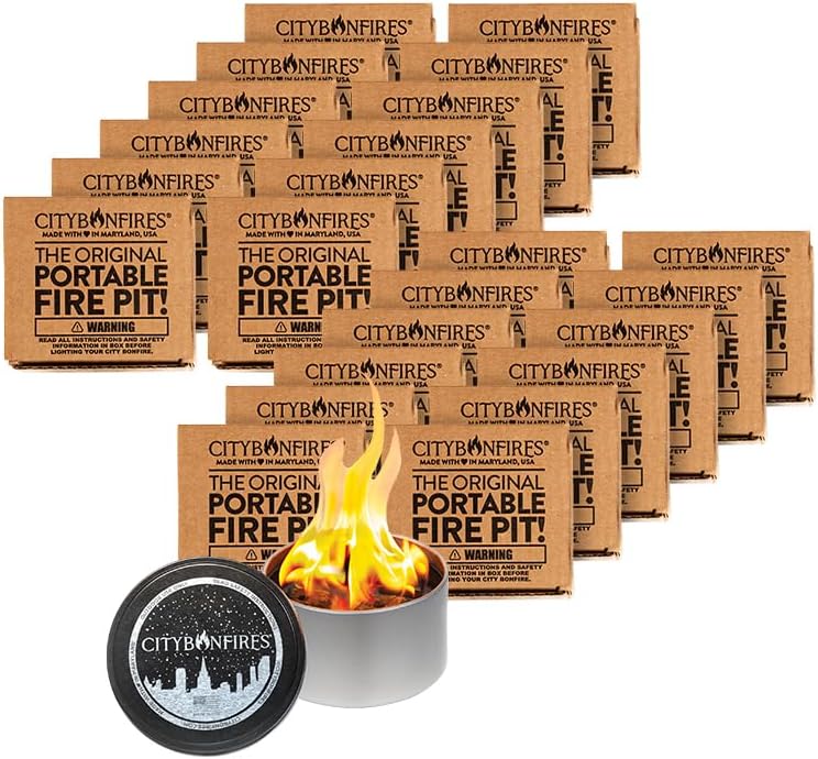 City Bonfires Portable Fire Pit - Mini Fire Pit, Table Top Firepit, No Wood, No Embers, 3-5 Hours of Burn Time - Food Safe for Smores - Lightweight, Emergency Heat, Camping Stove (24-Pack)