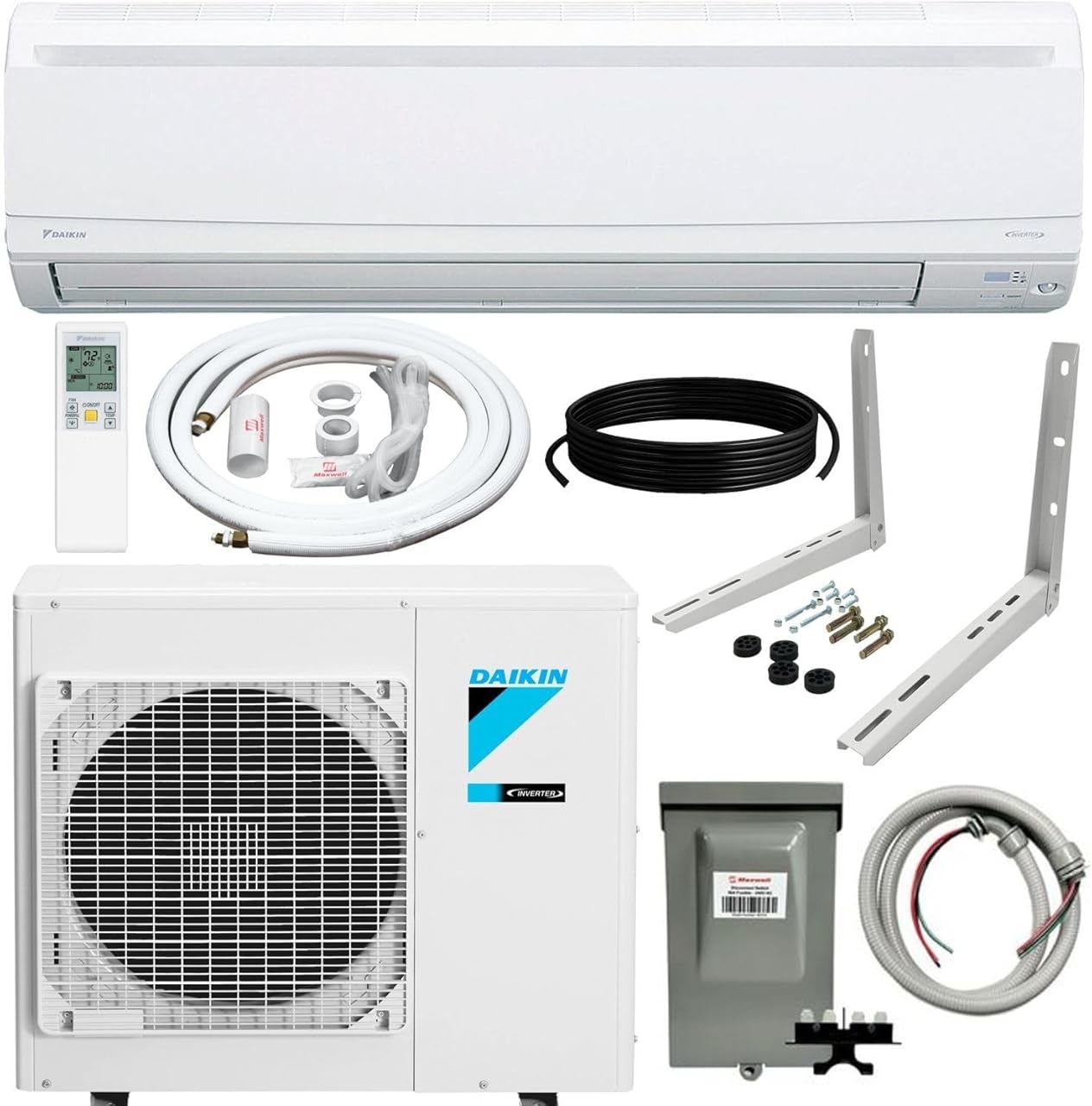Daikin 15,000 Btu 20 SEER2 LV Series Ductless Mini-Split Wall Mount Heat Pump Air Conditioner with 15' Installation Kit, Wall Bracket, 1/2 Electric Whip, 30A Fuse -230V