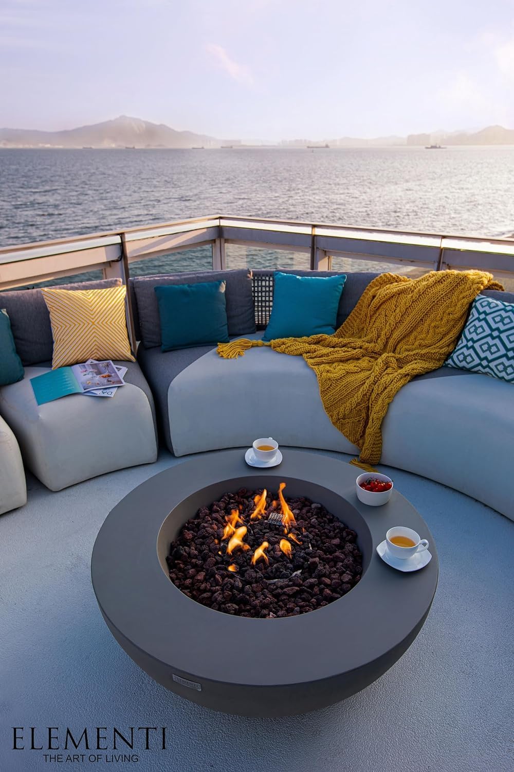 Elementi Lunar Bowl Cast Concrete Fire Table, Outdoor Fire Pit Fire TablePatio Furniture, Light Gray (Liquid Propane Gas)