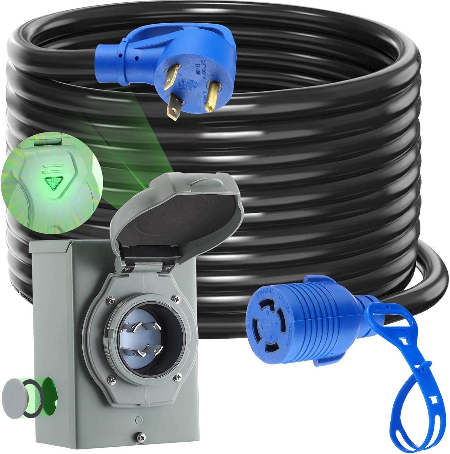 Kanayu 25 FT 30 Amp Generator Cord and Pre-Drilled Power Inlet Box Compatible with NEMA TT-30P to L14-30R, 3 Prong to 4 Prong Generator Plug Adapter, RV to House Inlet Box, STW 10 AWG, ETL Listed