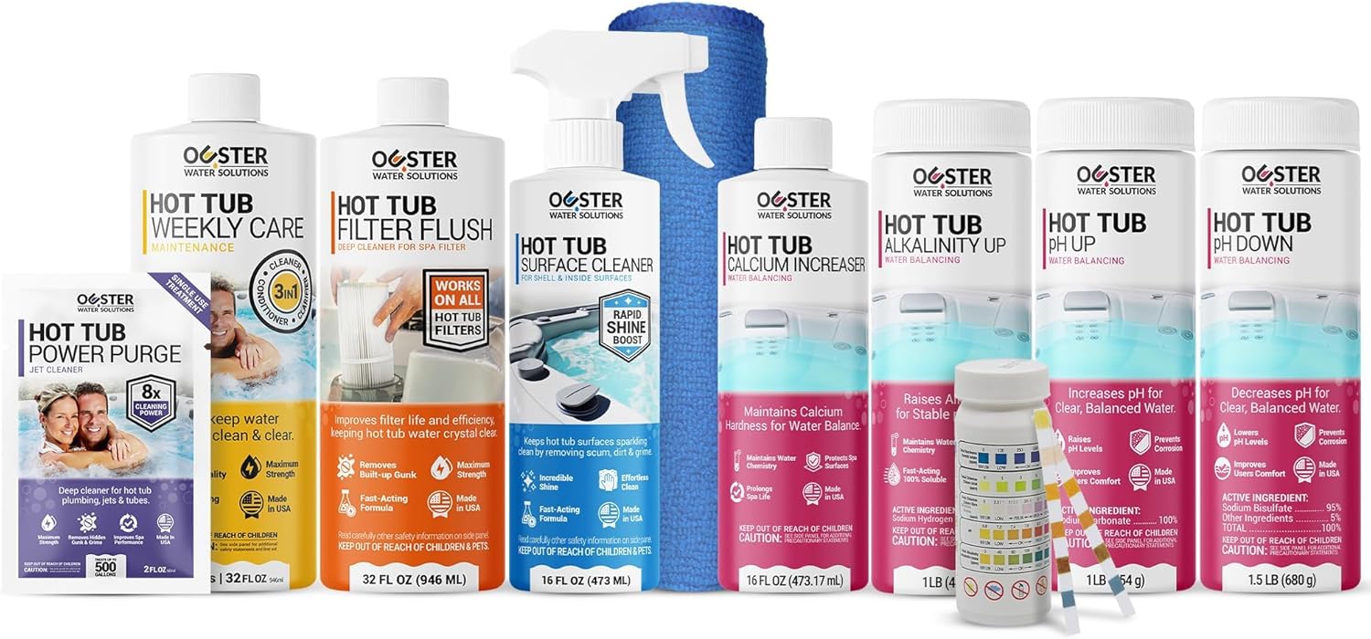Ouster Ultimate Hot Tub Watercare System - Complete Spa Maintenance Kit - Cleaning, Balancing, Weekly Care Bundle - Includes pH Up, pH Down, Alkalinity, Calcium, Filter Flush, Surface Cleaner