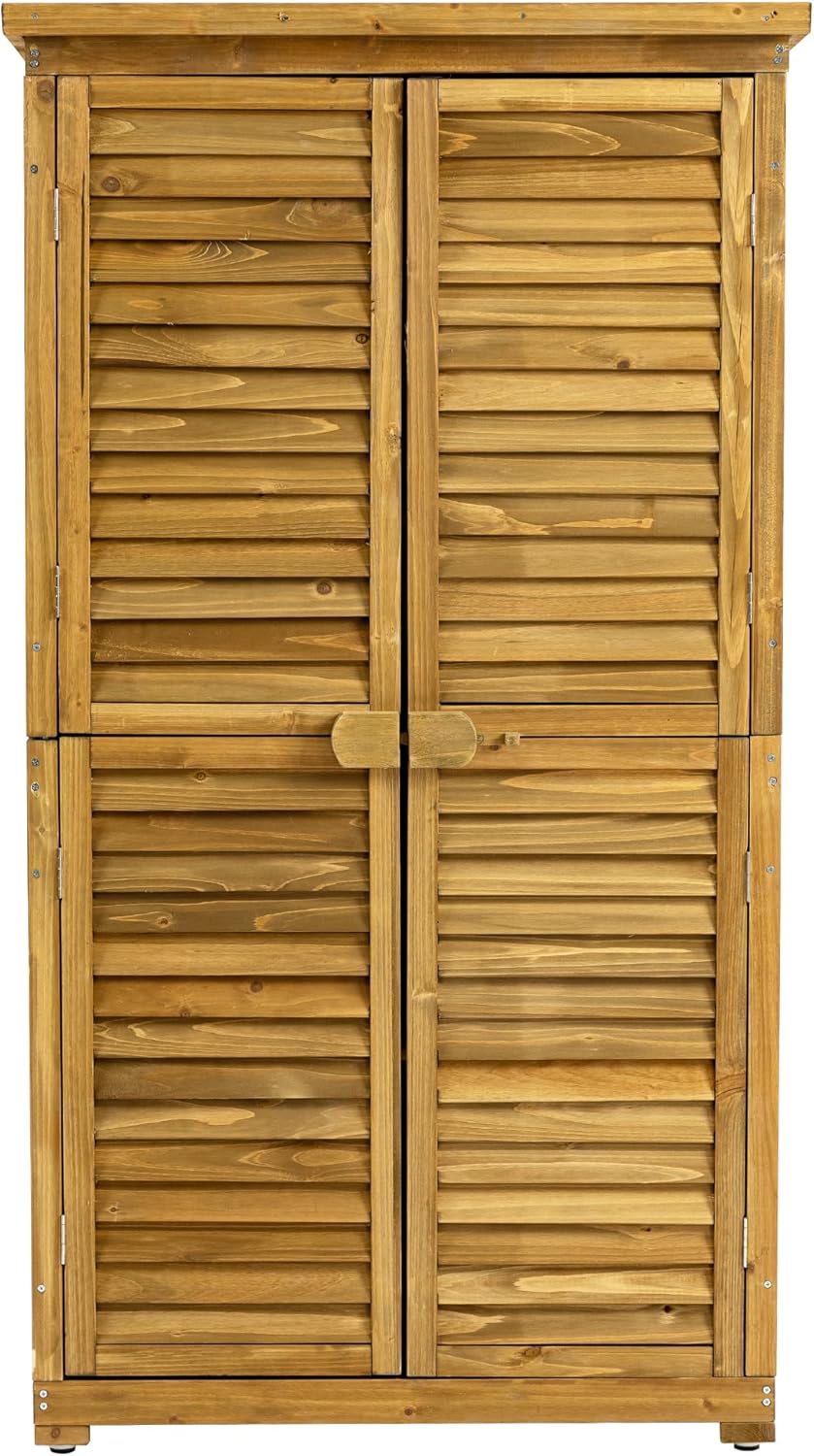 Outdoor Storage Cabinet, Wood Garden Shed, Pool Storage Shed with Lockable Door, Waterproof Roof and 2 Removable Shelves, Vertical Outside Storage Shed for Patio, Backyard and Lawn