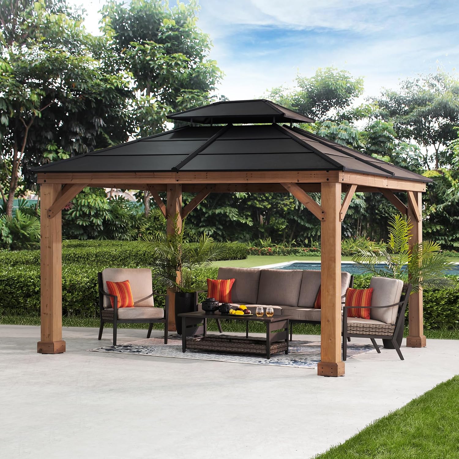 Sunjoy Hardtop Gazebo 11’ x 13’ Outdoor Cedar Framed Wood Gazebo with Black Double Steel Hardtop Roof Permanent Canopy for Garden, Backyard Shade…