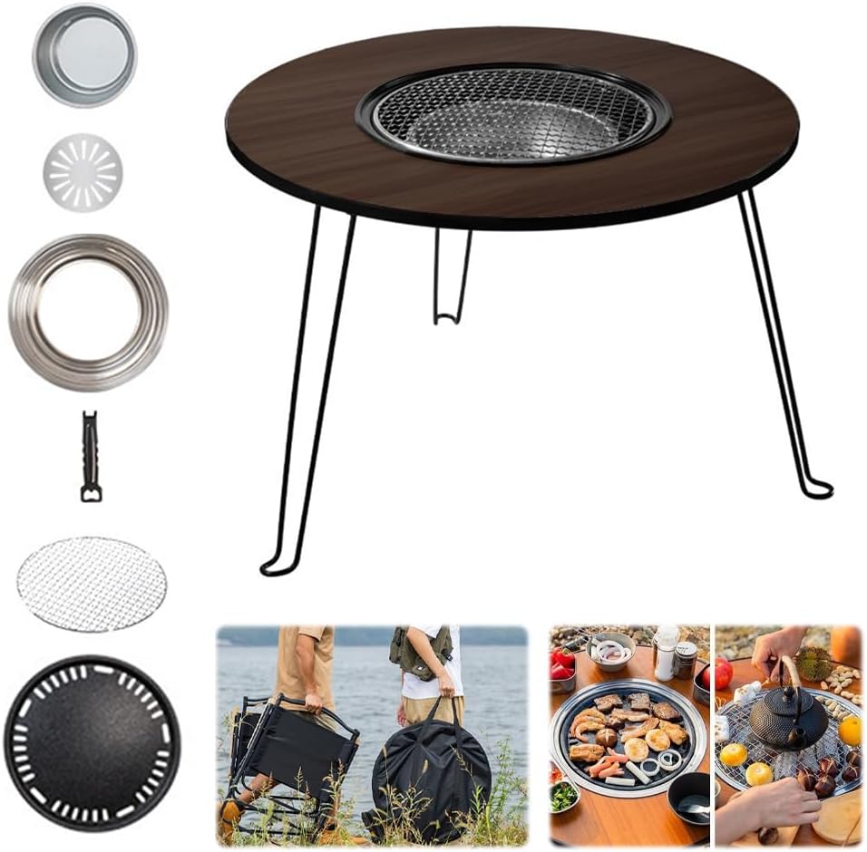 Foldable Portable Barbecue Table Round Fire Pit Table for Outdoor Gatherings