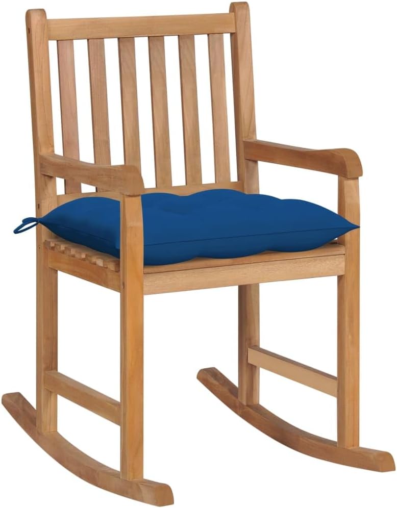 Rocking Chair with Blue Cushion Solid Teak Wood,Teak Wood Rocking Chair for Indoor and Outdoor Use Classic and Durable Outdoor Seating Furniture