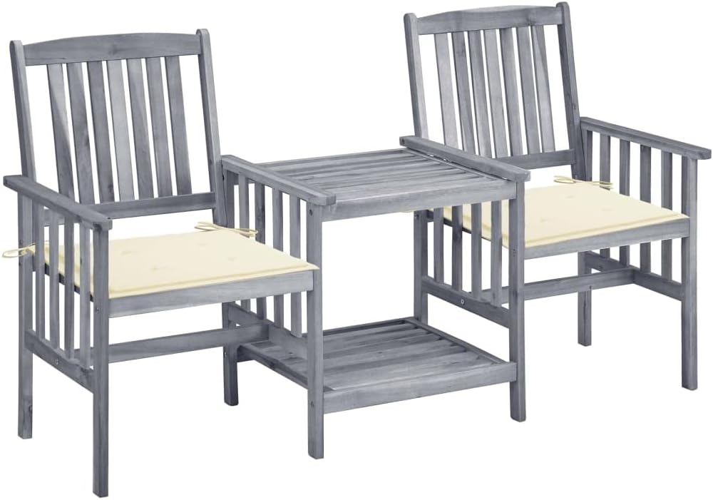Patio Chairs with Tea Table and Cushions Solid Acacia Wood,Rustic Acacia Wood Garden Bistro Set with Tea Table and Cushions for Outdoor Patio Patio Furniture Sets, Outdoor Furniture Sets