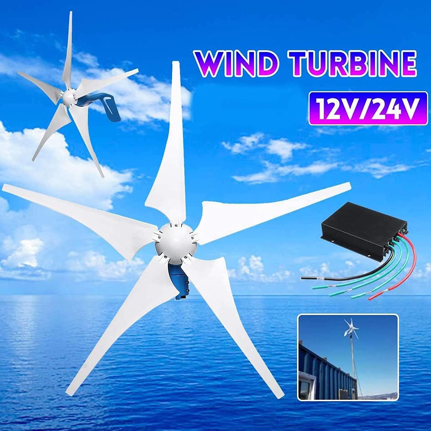 LiuSj JUnSt 4000W Small Windmill Turbines Generator,12V 24V 48V 5 Blade Horizontal Wind Turbines with Controller for Marine Home Charging (White),12v