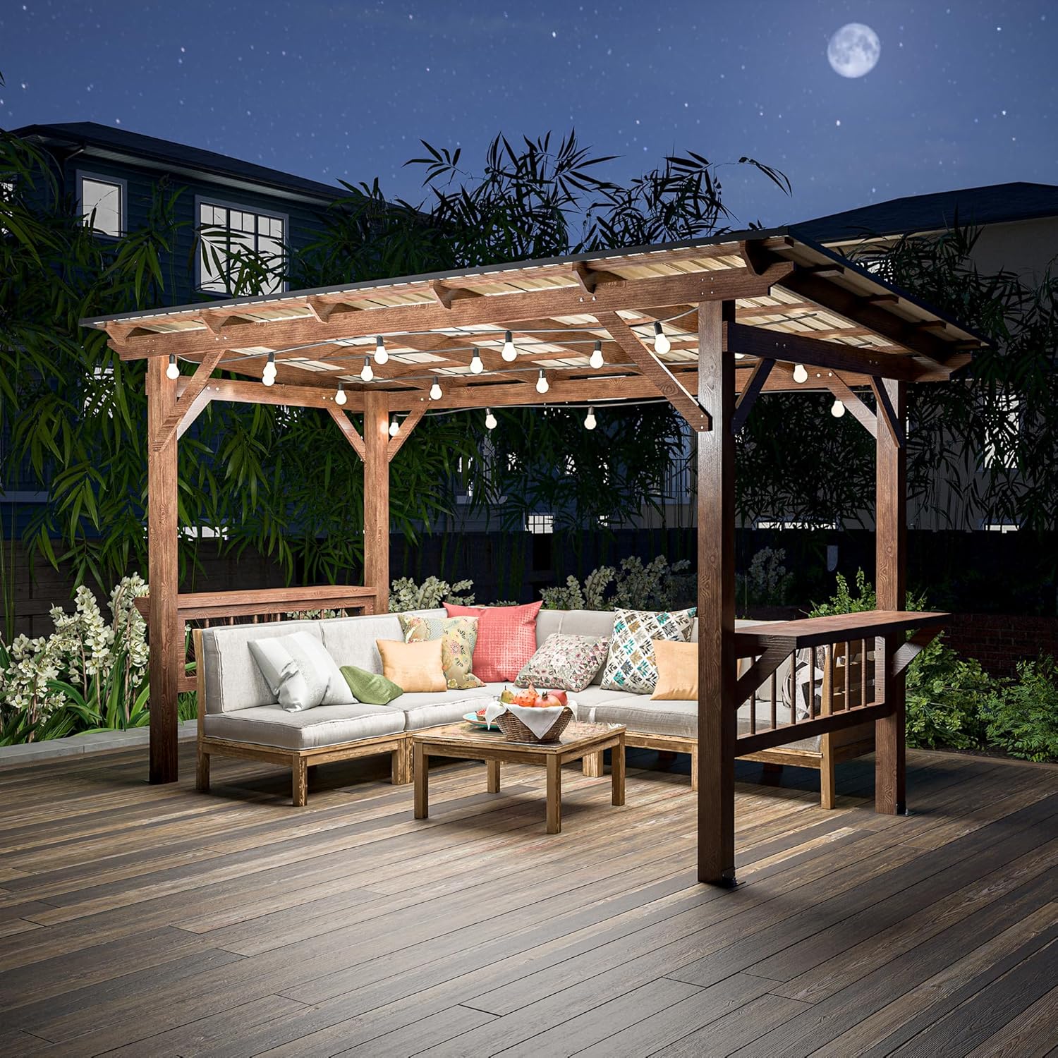 13' x 6.5' Spacious Wooden Pergola Grill Gazebo with Metal Roof, Built-in Bulbs, Bar Counters, and Expansion Mounting Hardware - Perfect for Outdoor Barbecue, Patio, Backyard, and Poolside