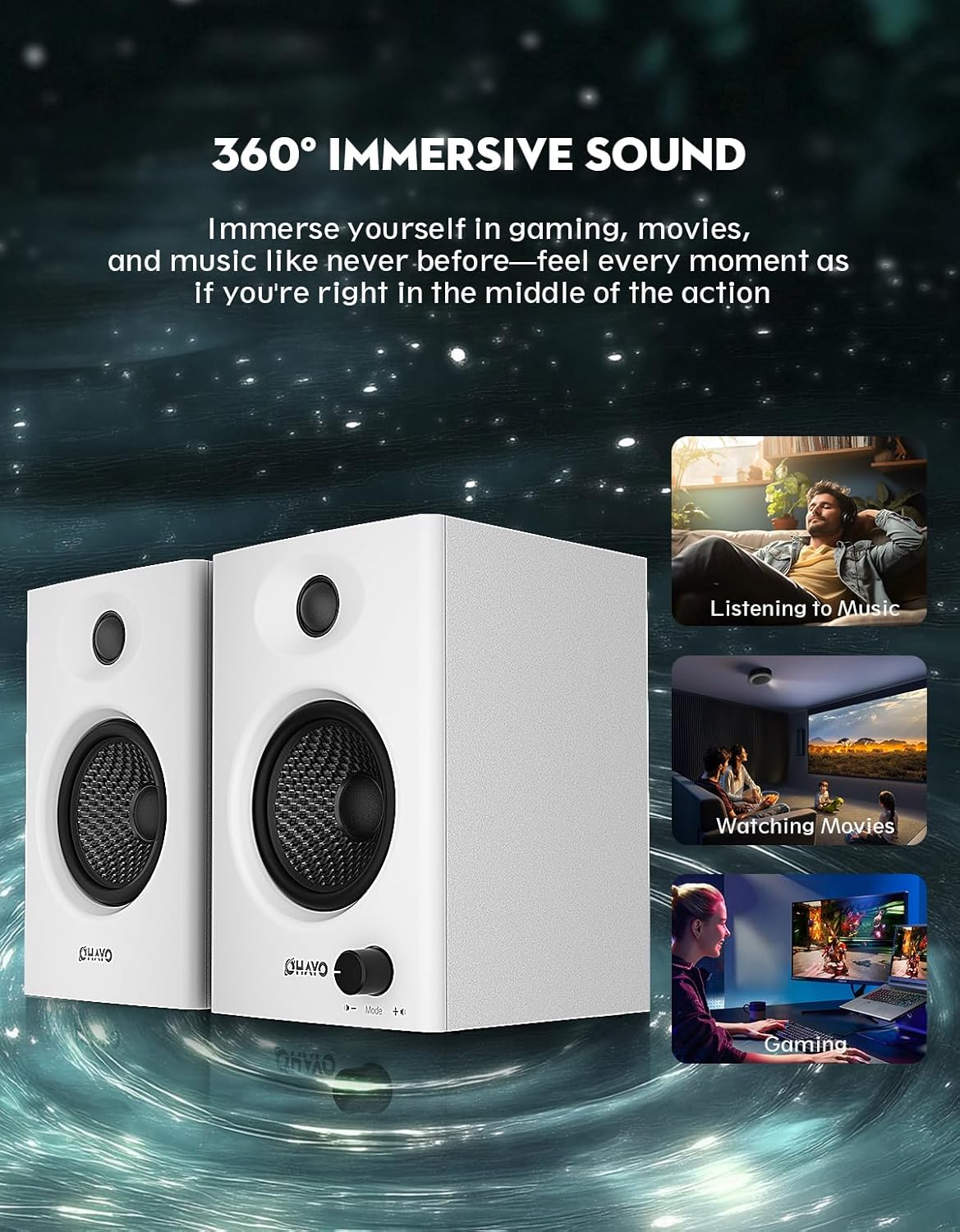 OHAYO 60W Computer Speakers for Gaming and Music, Active Bluetooth 5.3, Stereo 2.0 Speakers for Desktop PC Monitor or Laptop, Surround Sound Speaker, 3.5 mm Aux RCA Input, USB-Powered, 1 Pair, White