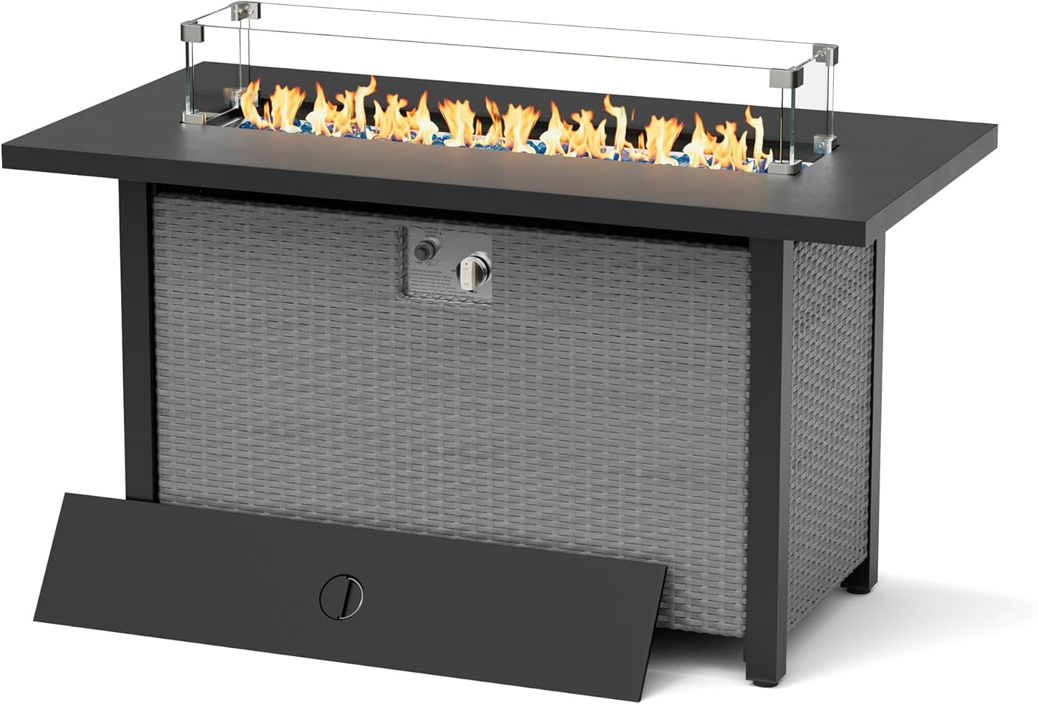 45 Inch Propane Fire Pit Table, 50,000 BTU Outdoor Rectangular Wicker Gas Fire Table with Firepit Lid, Steel Tabletop, Glass Wind Guard, Blue Glass Stone and Waterproof Cover, Grey