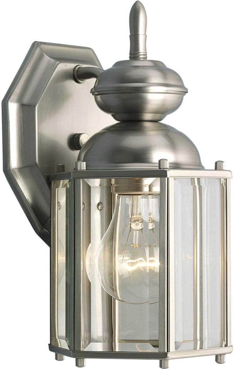Progress Lighting 1-Light Clear Beveled Glass Traditional Outdoor Wall Lantern Light, BrassGUARD Lantern Collection, Outdoor, P5756-09, Brushed Nickel
