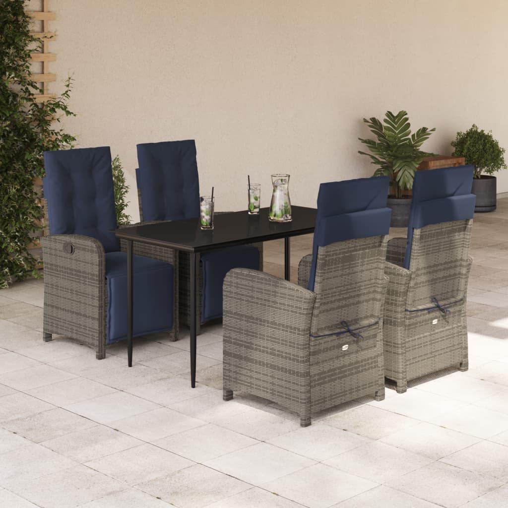 5 Piece Patio Dining Set with Cushions Gray Poly Rattan,Comfortable Patio Dining Set with Adjustable Backrests and Washable Cushion Covers for Outdoor Use Furniture Sets for Patio, Lawn & Garden