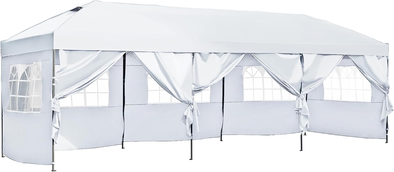 10x30 Pop Up Canopy with Sidewalls, Heavy Duty Outdoor Party Tent with Wheeled Bag, for Patio,Wedding, Backyard (White)