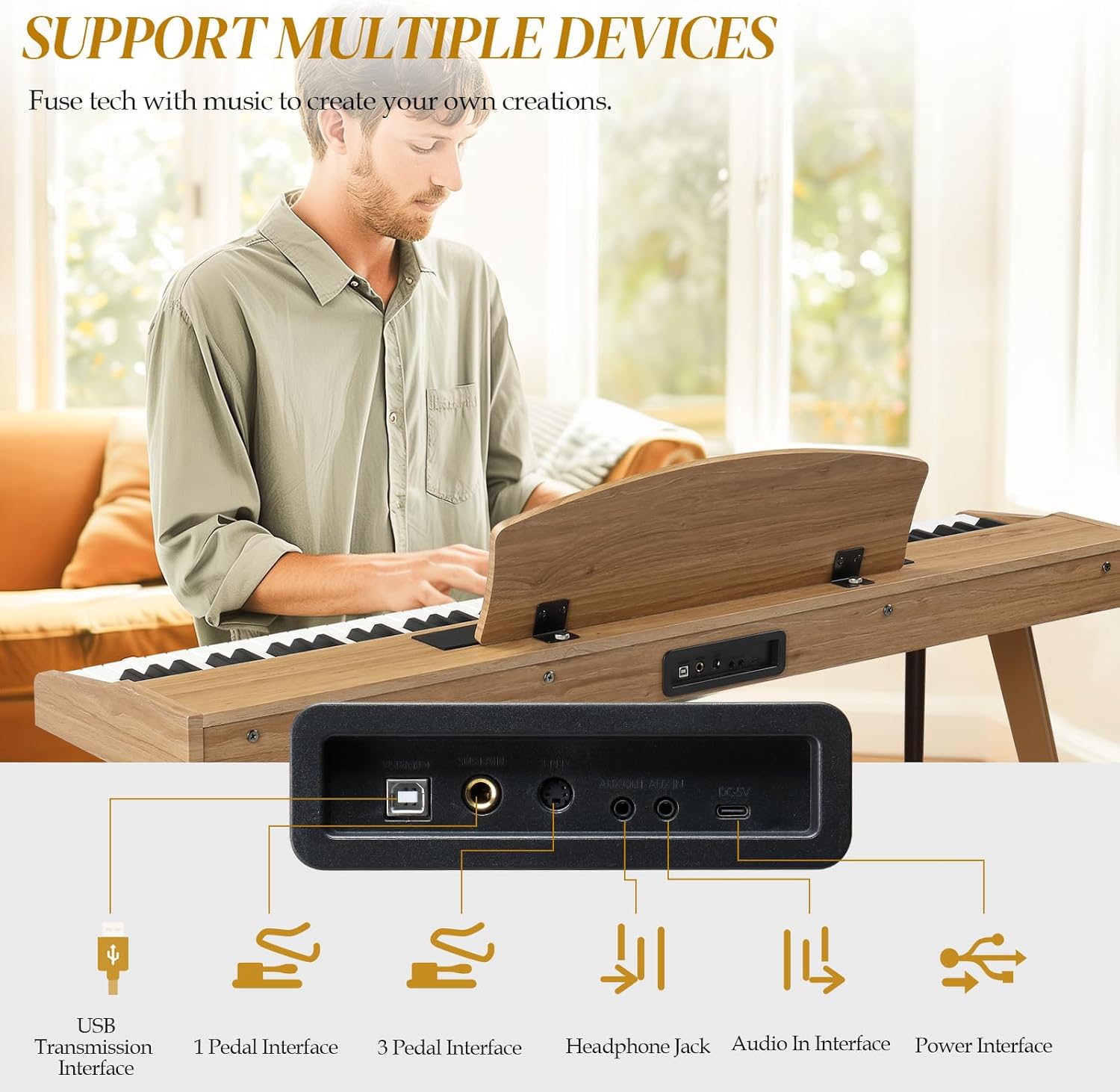 Ktaxon 88 Key Weighted Keyboard with 64 Polyphony, 128 Rhythms, 128 GM Tones & 3 Pedal Unit, Piano Keyboard with Adjustable Bench, Multi-External Interfaces, Bluetooth MIDI for Beginners(Natural)