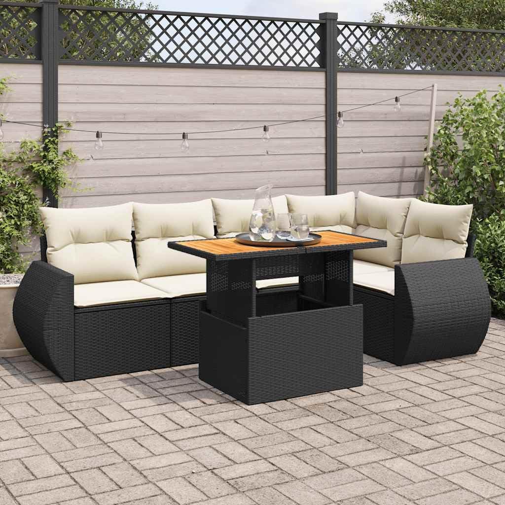 6 Piece Patio Sofa Set Black PE Rattan Large Modular Outdoor Furniture with Cushions and Acacia Wood Table, Durable Powder-Coated Steel Frame, Hidden Storage Seating