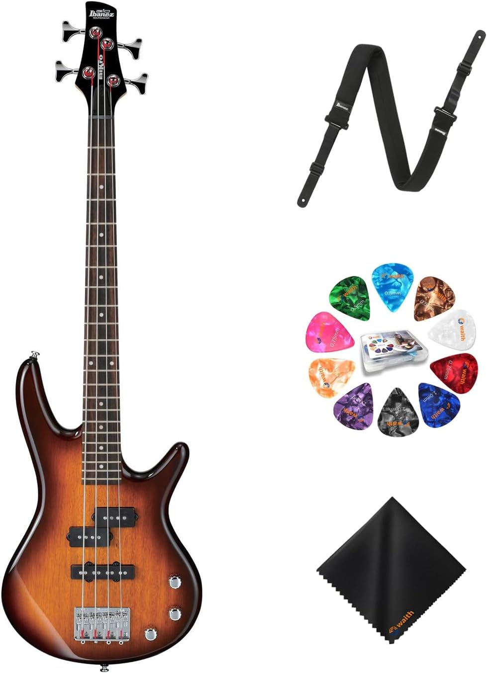Ibanez GSRM20 4-String Bass Guitar (Brown Sunburst) - Right Handed Poplar Body Bass with GSF50 Powerpad Strap, 15 Pack Guitar Picks with Storage Box & Microfiber Cleaning Cloth (Bundle Set)