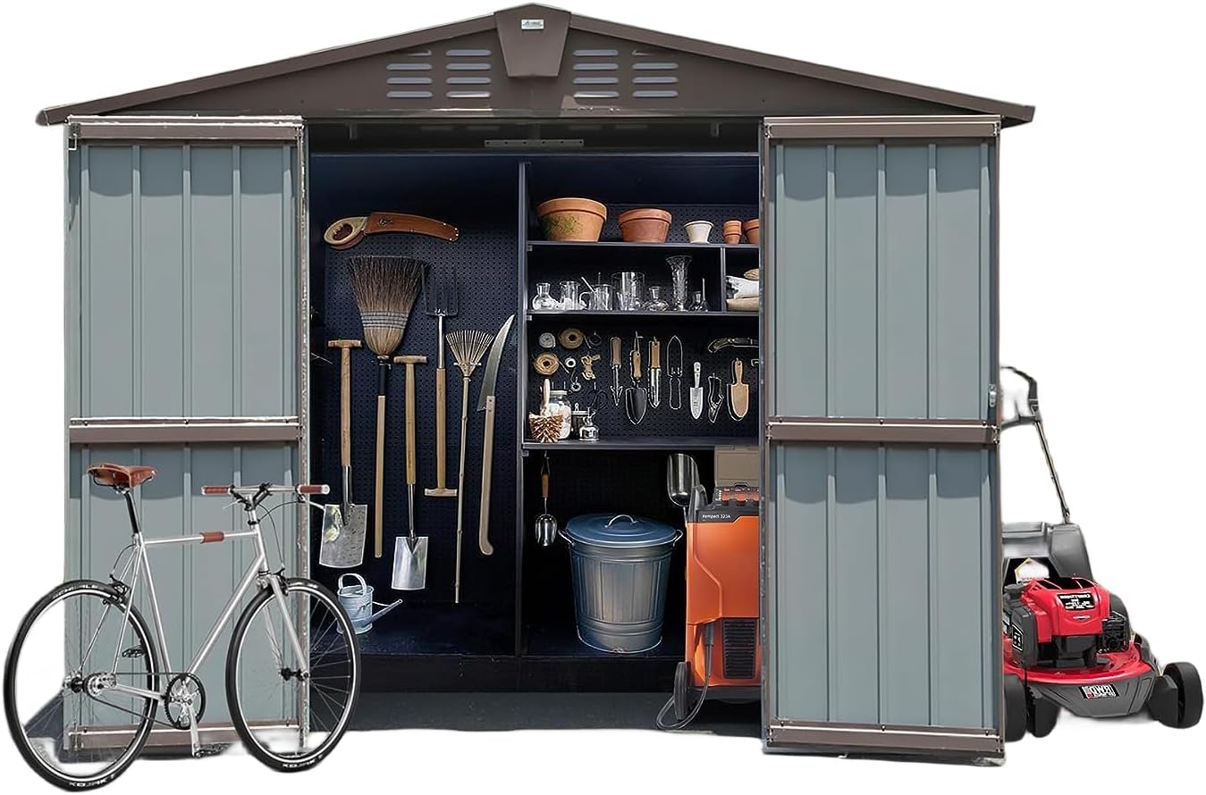 GOWE Outdoor Storage Shed 8.2' x 6.2', Metal Steel Utility Tool Shed Storage House with Double Lockable Doors & Air Vents for Backyard Patio Garden Lawn Brown