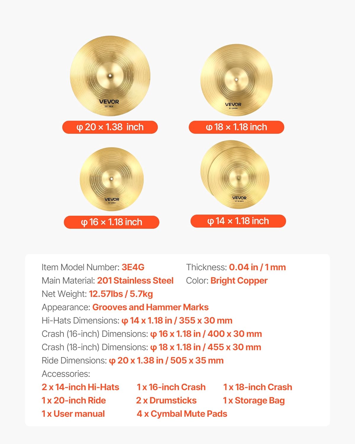 VEVOR Cymbal Pack, 5 Pieces Cymbals for Drum Set, Alloy Cymbals Drum Set Includes 14-inch Hi-Hats, 16-inch Crash, 18-inch Crash, 20-inch Ride, Drumsticks & Cymbal Bag, Alloy Cymbal Pack for Drummer