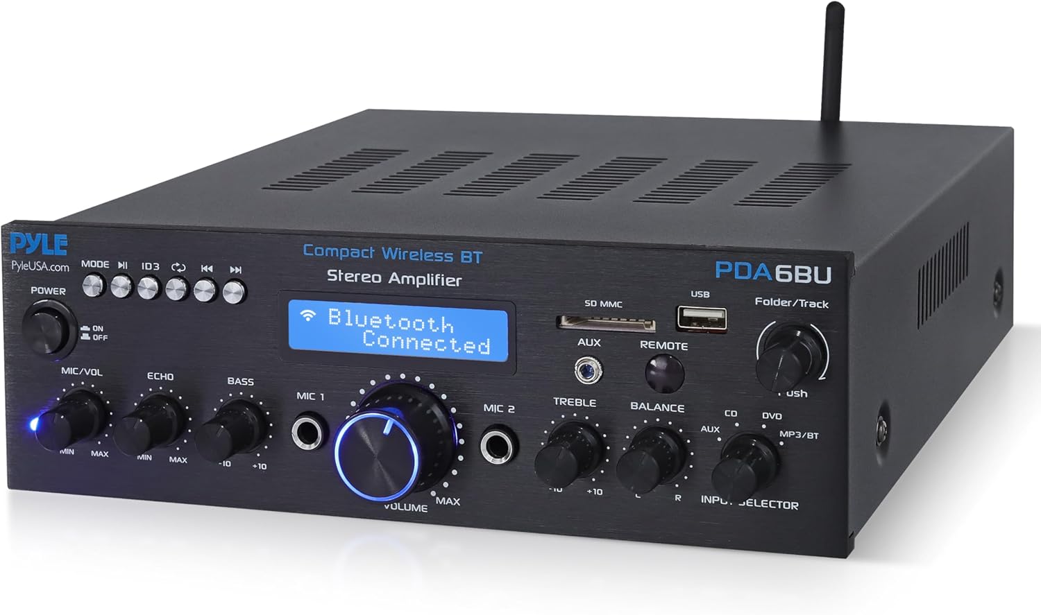 Pyle Wireless Bluetooth Power Amplifier System- 200W Dual Channel Sound Audio Stereo Receiver w/ USB, SD, AUX, MIC IN w/ Echo, Radio, LCD, For Home Theater Entertainment via RCA, Studio Use- PDA6BU.5