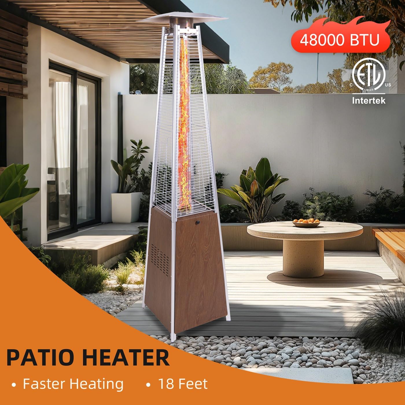 48,000 BTU Pyramid Propane Patio Heater Outdoor Heaters for Patio with Quartz Glass Tube Metal Reflector Tip-Over Shutoff Wheels Smokeless Fire Pit Alternative