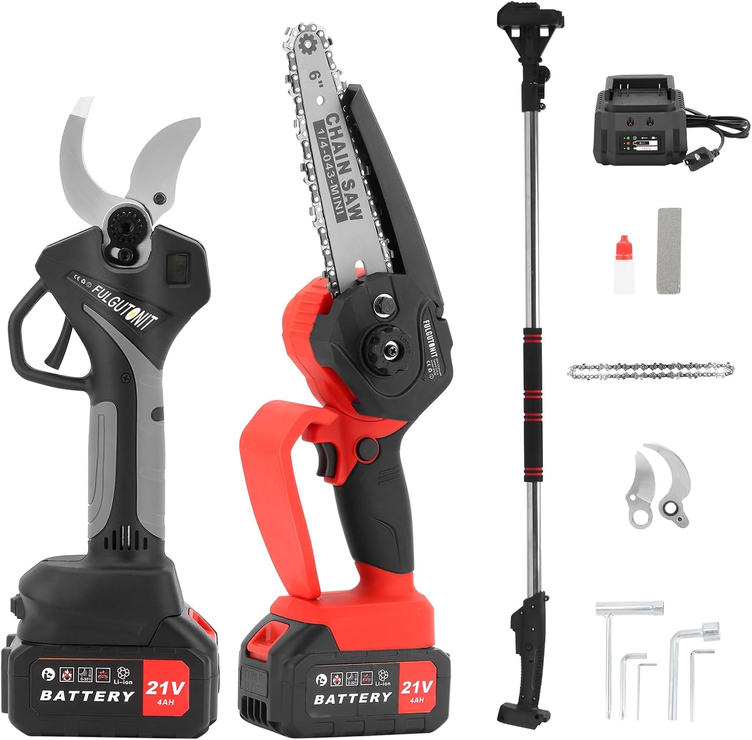 Electric Pruner Kit, 40 mm(1.6 in) Pruning Shears & 6 inches Mini Chainsaw, with Max 7 ft Extension Pole, 2 Pcs 4 Ah Batteries for Longer Pruning, Extra 1084 Replacement Blades & Saw Chain