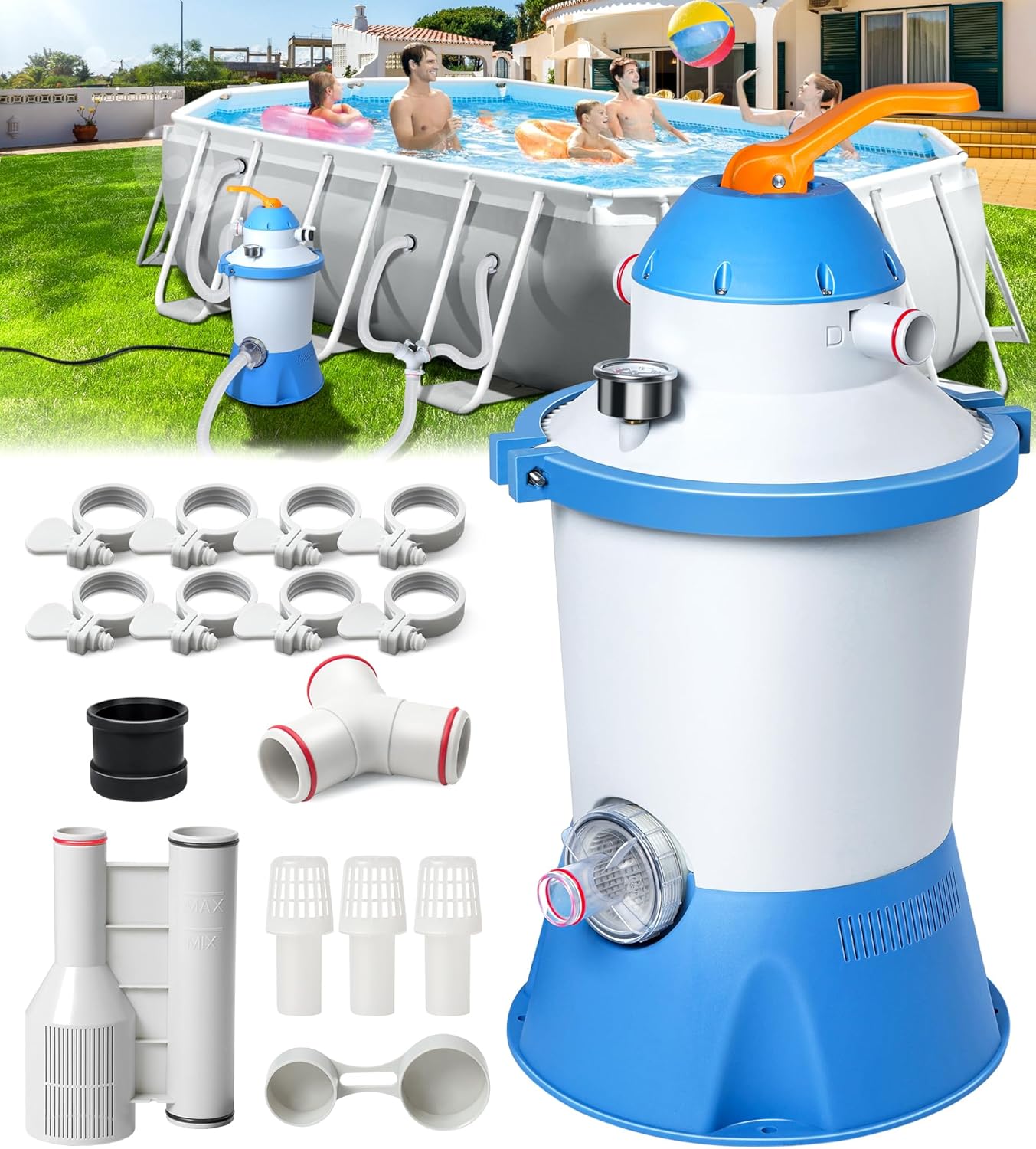 1000 GPH Pool Sand Filter Pump for Above Ground Pools, Pool Sand Pump with Timer, Energy-Saving, Low Noise | Pools Water Filtration System - Rapid Debris Removal & Enhanced Water Circulation