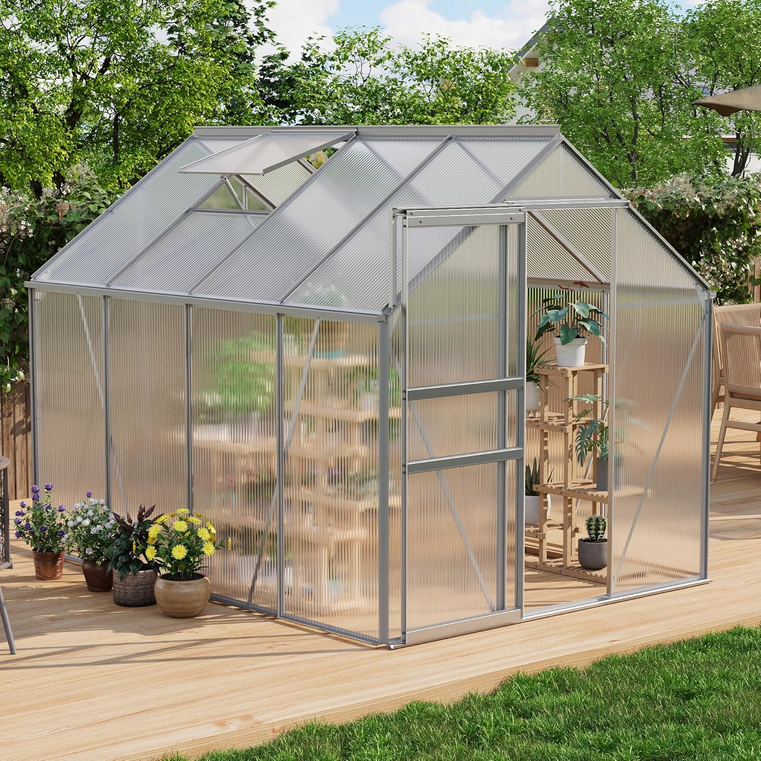 CABIHOME 6 x 8 FT Greenhouses for Outside, Polycarbonate Greenhouse with Aluminum Frame, Sliding Door, Adjustable Roof Vent, Backyard Green Houses, Patio Garden, Silver