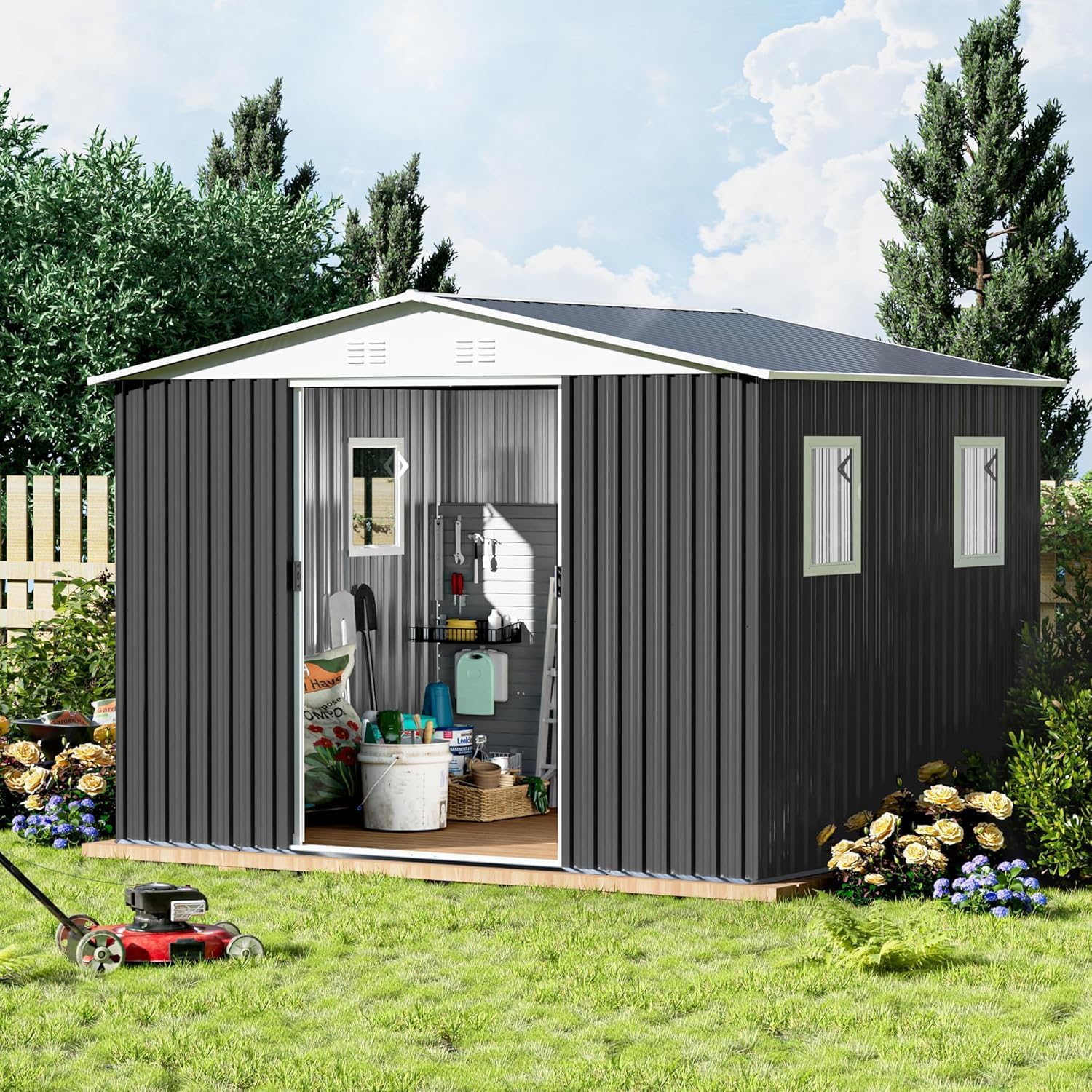 Ball & Cast 6x9 FT Outdoor Storage Shed, Metal Garden Sheds with Punched Vents and Sliding Door, Clearance Tool House with Aluminum Frames for Backyard Patio,Grey
