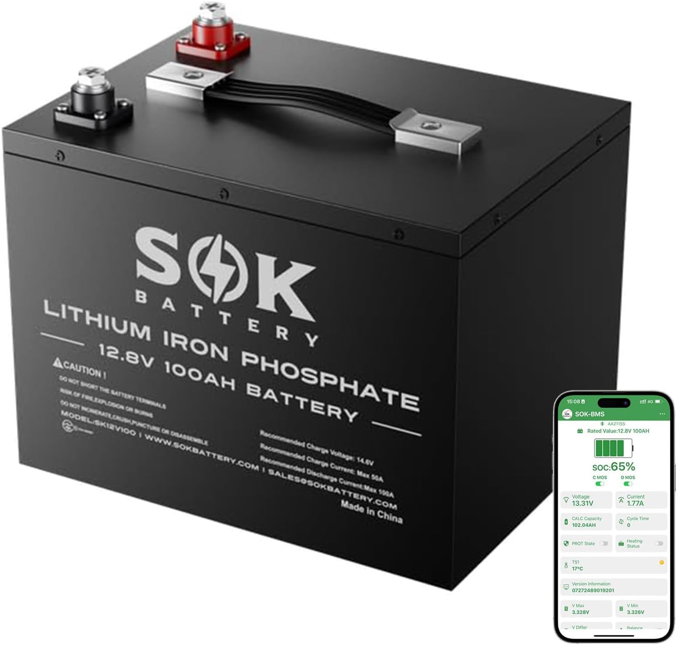 SOK Battery 100Ah 12V LiFePO4 Battery Deep Cycle Lithium Iron Phosphate Battery 12 Volt with Low Temp Protection, 100A BMS Ideal for RV, Solar, Wind, and Off-Grid Use