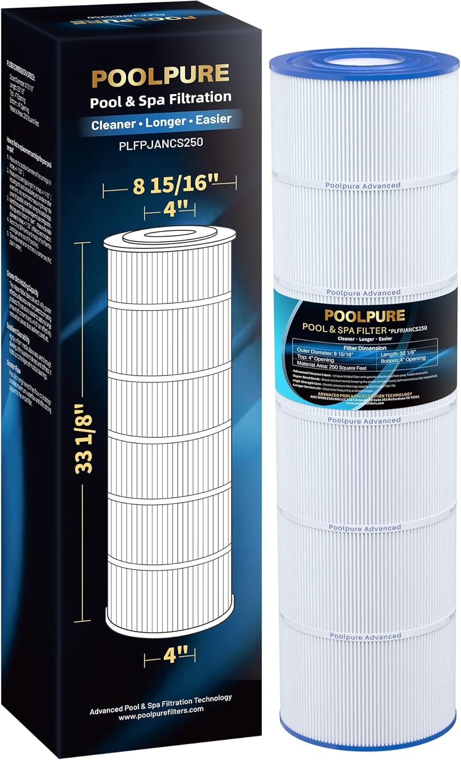 POOLPURE PLFPJANCS250 Pool Fliter Replaces Jandy CS250, PJANCS250, Unicel C-8425, Filbur FC-0824, R0462500, 17-175-3630, 250 Sq.ft Filter Cartridge 1 Pack