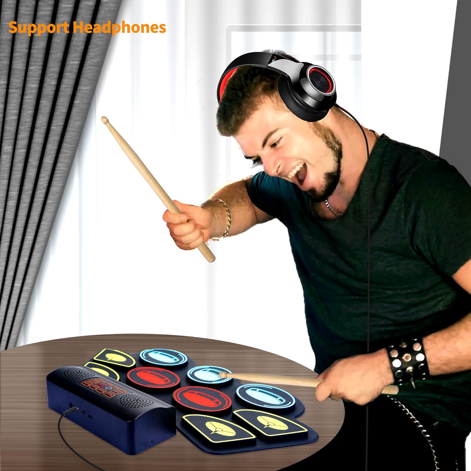 Electric Drum Set for Kids, Electronic Drum Pad with Light Up Drumsticks and Drum Stand, Bulit-in Double Speakers and Rechargeable Battery, Kids Drum Set with LED Drumsticks, 9 Pads Digital Drum Kit
