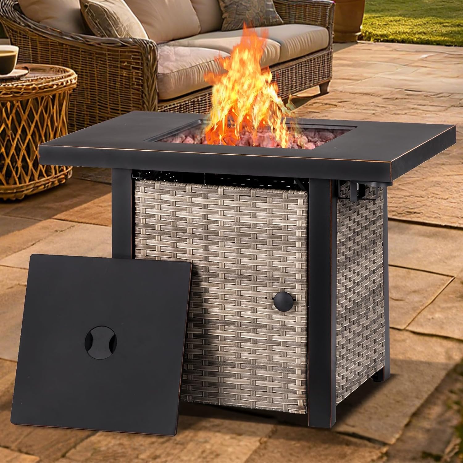 32 Inch Propane Fire Pit Table, Outdoor Gas Fire Pits with 2 Drink Holders, Lid & Lava Rock, 50000 BTU Firepit Table for Dinning, Party in Outside, Patio, Garden or Yard