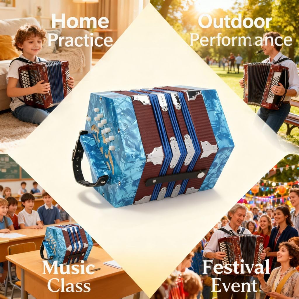 Portable Concertina Accordion, 3 - Row Diatonic, Red - Adjustable Strap, Ergonomic Design, Ideal for Beginners and Adults (Blue)