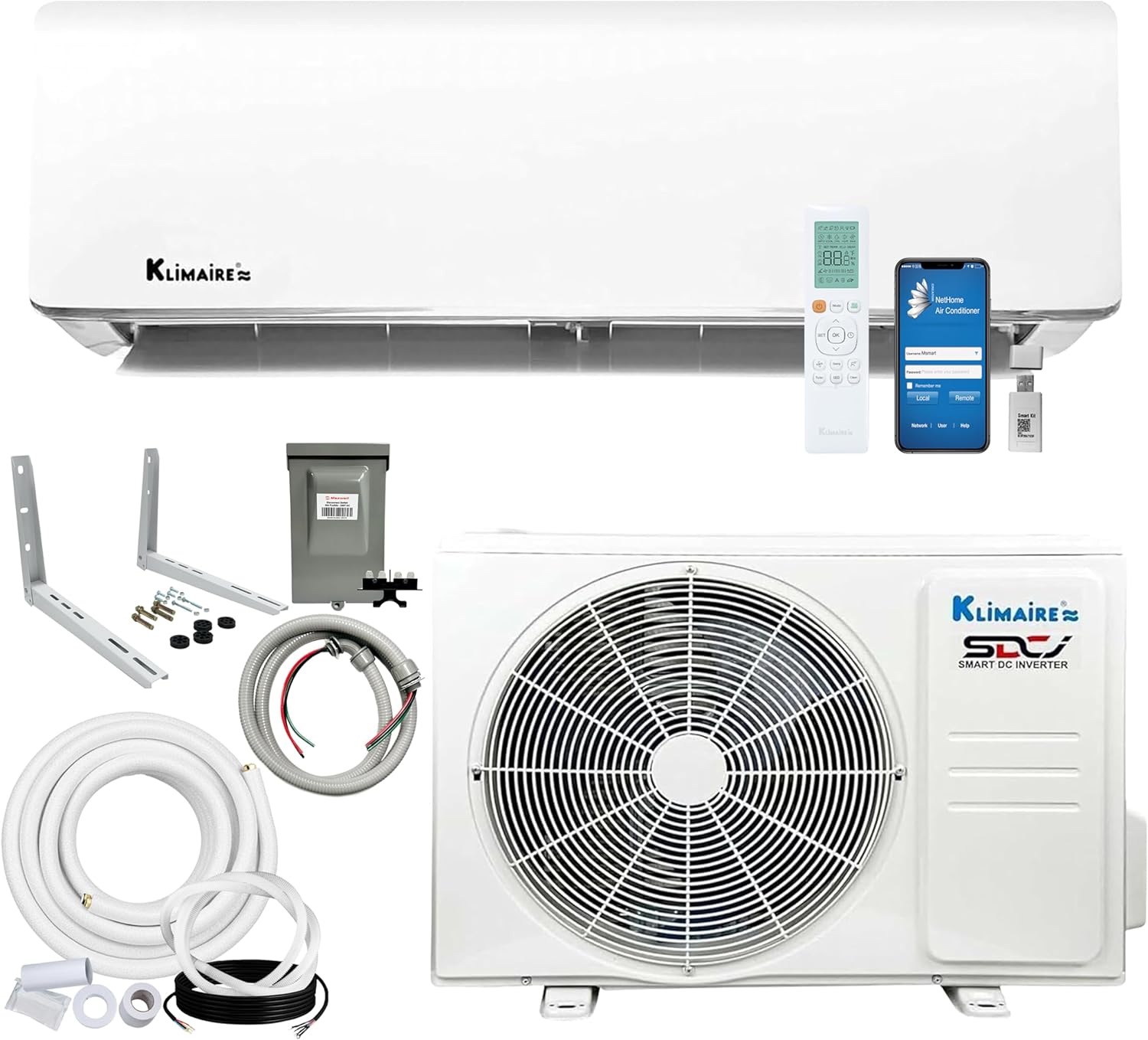 Klimaire 12,000 BTU 21.4 SEER2 Ductless Mini-Split Inverter Air Conditioner Heat Pump System with All-Inclusive 16' Installation Kit, Wall Bracket, Electrical Disconnect Box & Liquid-Tight Whip (230V)