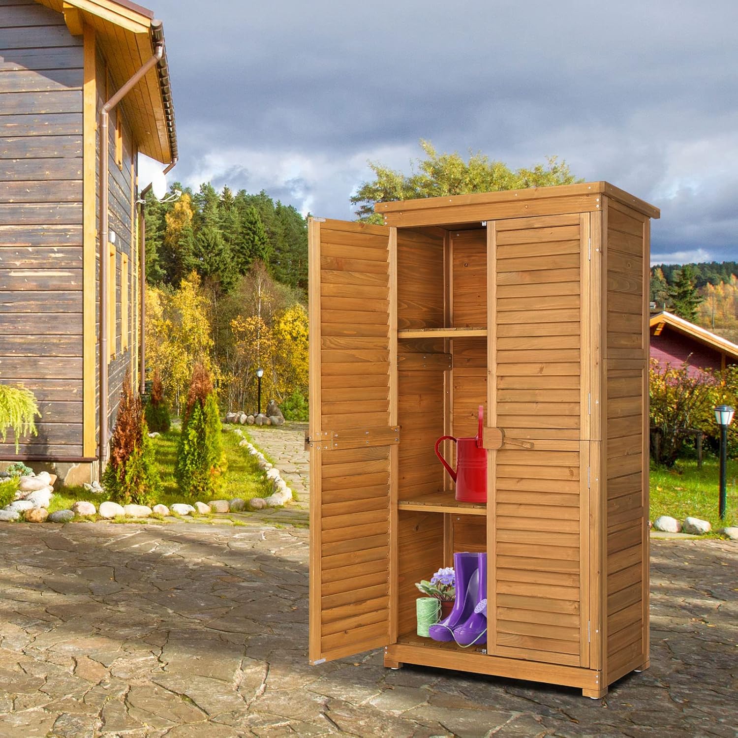 63in Wooden Garden Tool Storage Cabinet,Outside Waterproof Tool Storage Shed,Patio Furniture Storage House,Wooden Garden Storage Shed,with Asphalt Roof & Doors,for Deck, Lawn, Yard, Garage (Natural)