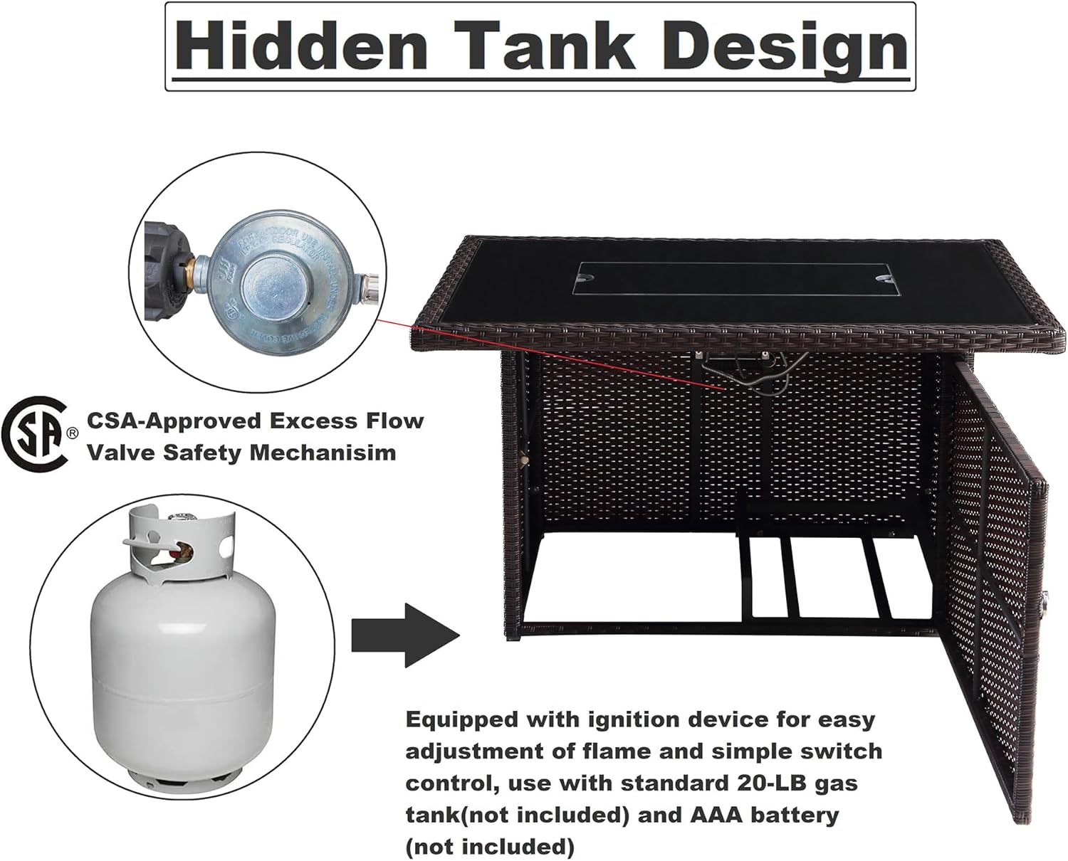 44 in. x 32 in. Rectangular Outdoor Brown Wicker Aluminum Propane Fire Pit Table in Tempered Glass w/Fire Glass, Add Warmth and Ambience to Gatherings and Parties On Patio Deck Garden