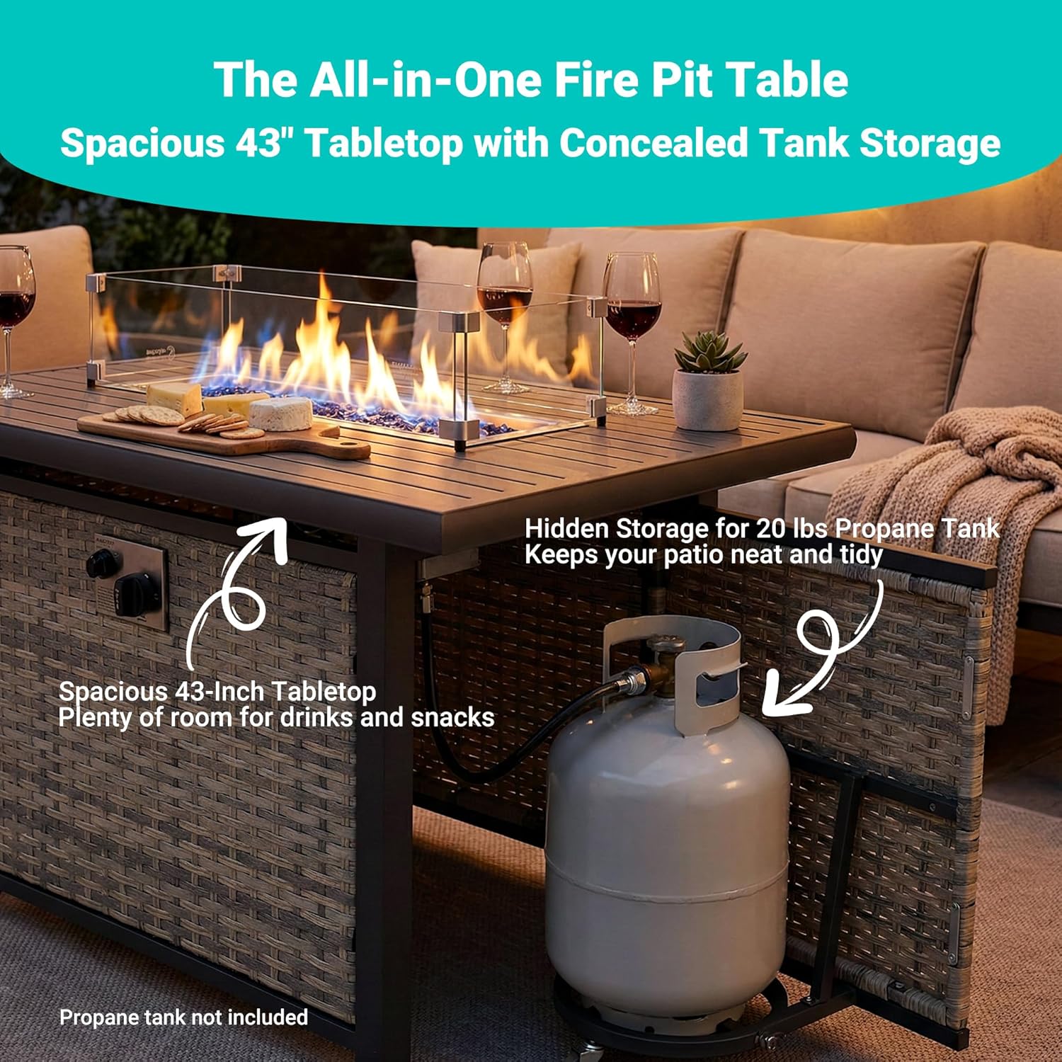 43 Inch 55,000 BTU Propane Gas Fire Pit Table, Outdoor Patio Fire Pit with Upgraded Rattan, Wind Guard, Blue Glass Stones, Extended Table Edge for Extra Storage, Easy Assembly, Grey