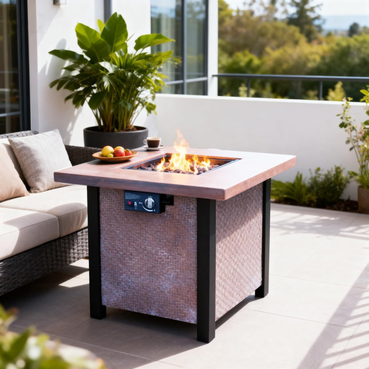 25-inch Square Outdoor Propane Fire Pit Table, 50,000 BTU Dark Pink Rattan Weave Design, High-Temp Resistant Fiberglass & Iron Patio Heater with Cover for Garden, Deck