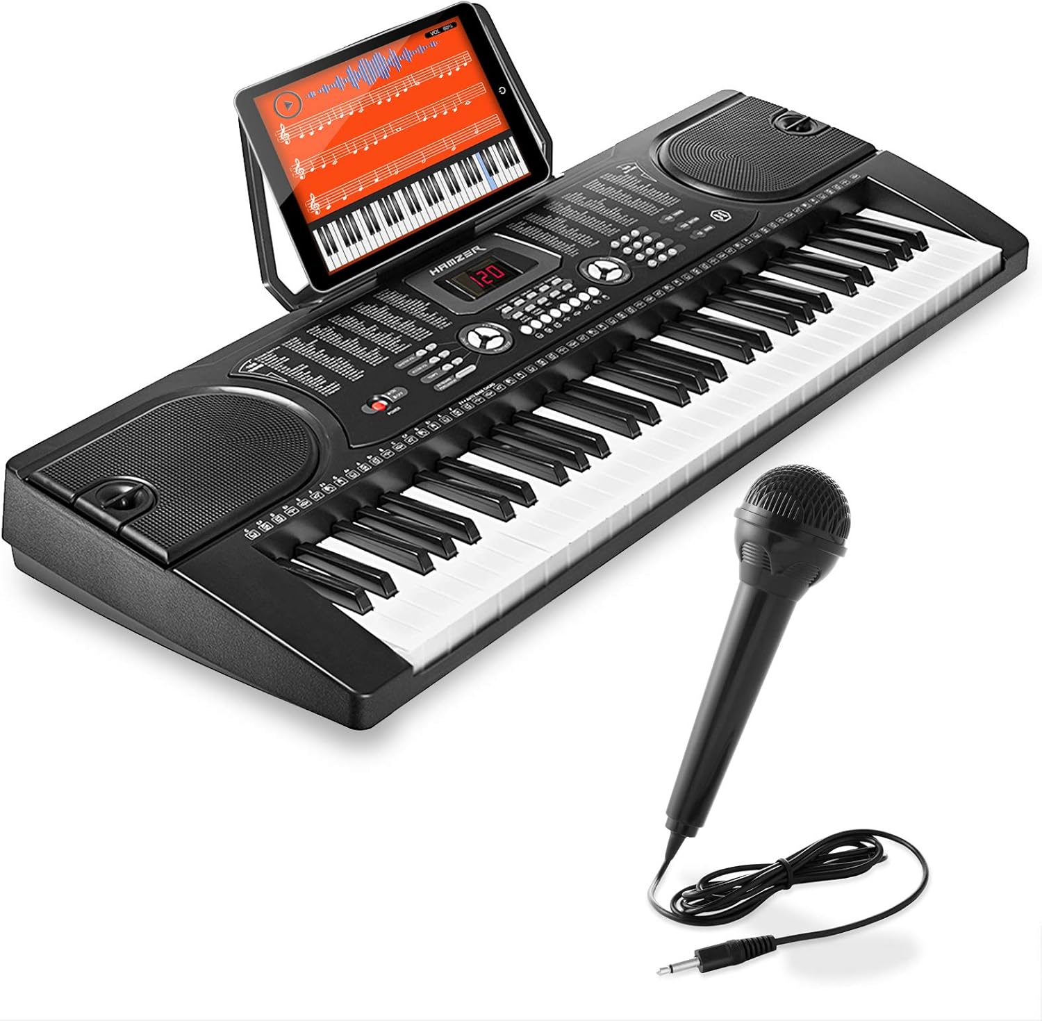 Hamzer 61 Key Beginner Electronic Keyboard Piano with Built-In Speakers, Portable Digital Piano Keyboard Includes Microphone and Keynote Stickers