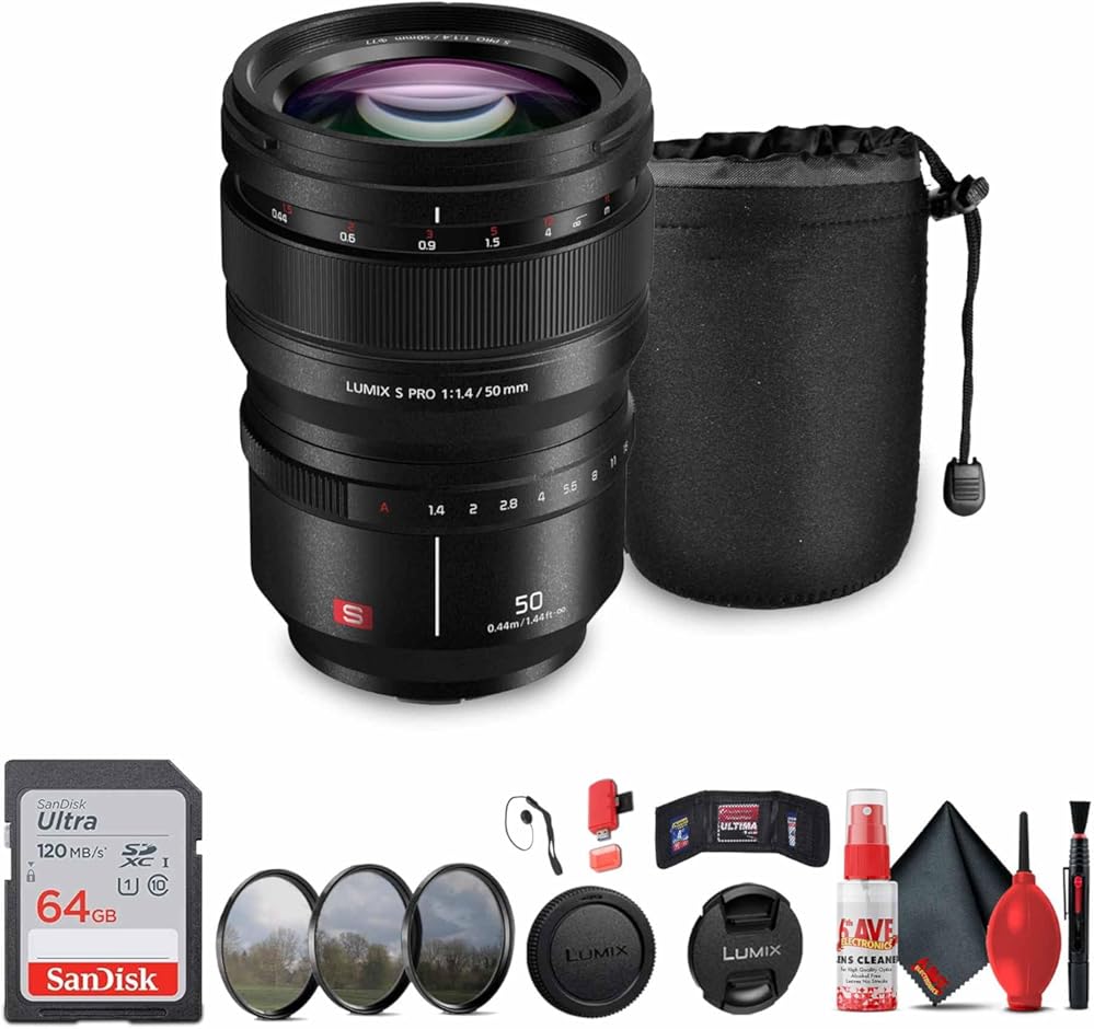 Panasonic Lumix S PRO 50mm f/1.4 Lens (S-X50) Bundle Including: 64 GB Memory Card, 3-Piece Filter Kit, Lens Caps, Lens Pouch, Cap Keeper, Full Cleaning Kit, Card Reader, Card Wallet