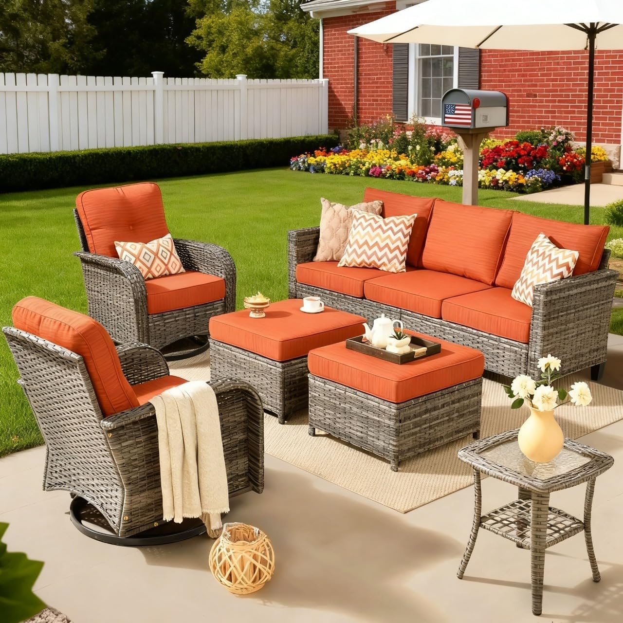 Patio Furniture Set 6 Pieces Outdoor Patio Conversation Set with Rattan Rocking Chairs, All Weather Front Porch Furniture for Backyard, Garden, Poolside, Orange Red