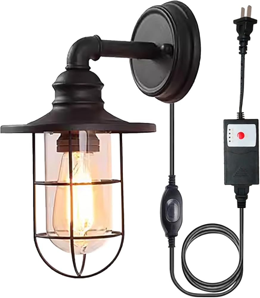 AUTO Plug-in Wall Light Outdoor Indoor Timer Terrace Light, UL Waterproof Switch Cord Industrial Style Downward Exterior Wall Lantern for Porch Light Backyard Lounges Garden Driveway Light