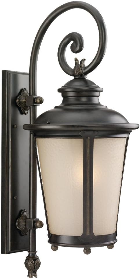 Sea Gull Lighting 88242-780 Outdoor Sconce with Etched Hammered with Light Amber Glass Shades, Burled Iron Finish