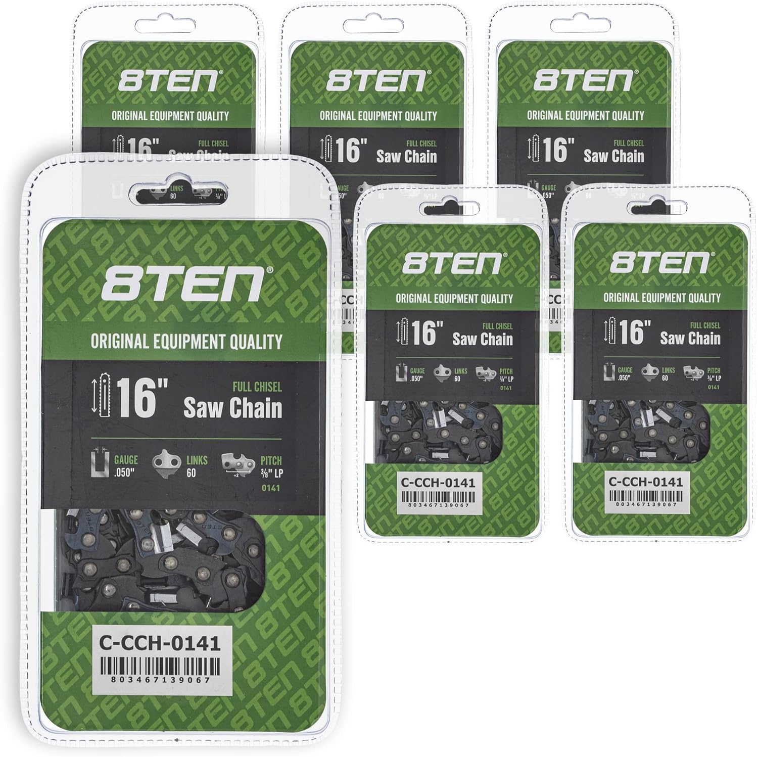 8TEN Full Chisel Chainsaw Chain 16 Inch .050 3/8 LP 60DL for McCulloch Mac Cat Super Poulan (6 Pack)