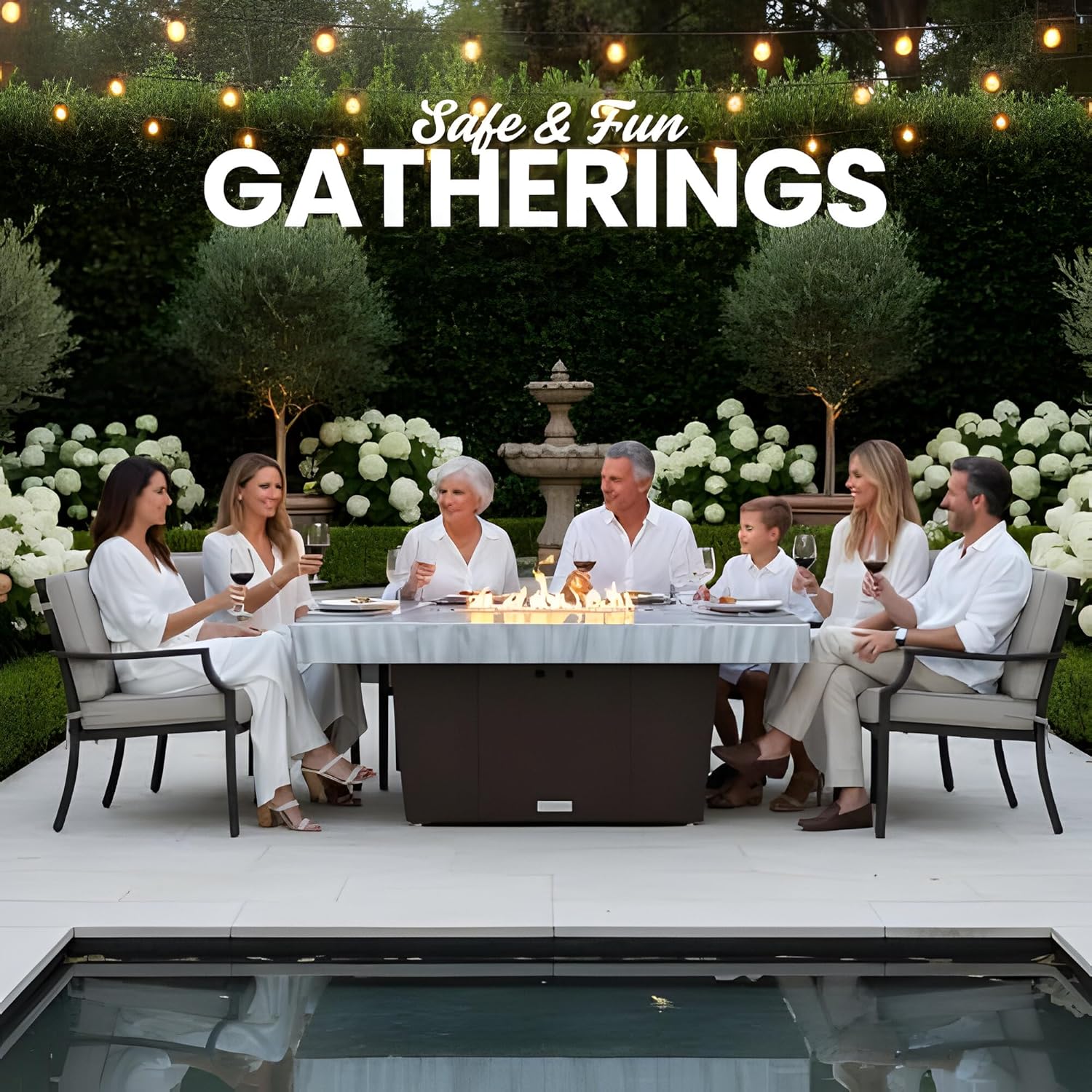 COOKE Palisades Rectangular Fire Pit Table - 52x36 - Chat Height - Natural Gas - Brushed Aluminum Top with 6cm Edge - Black Powdercoat Base