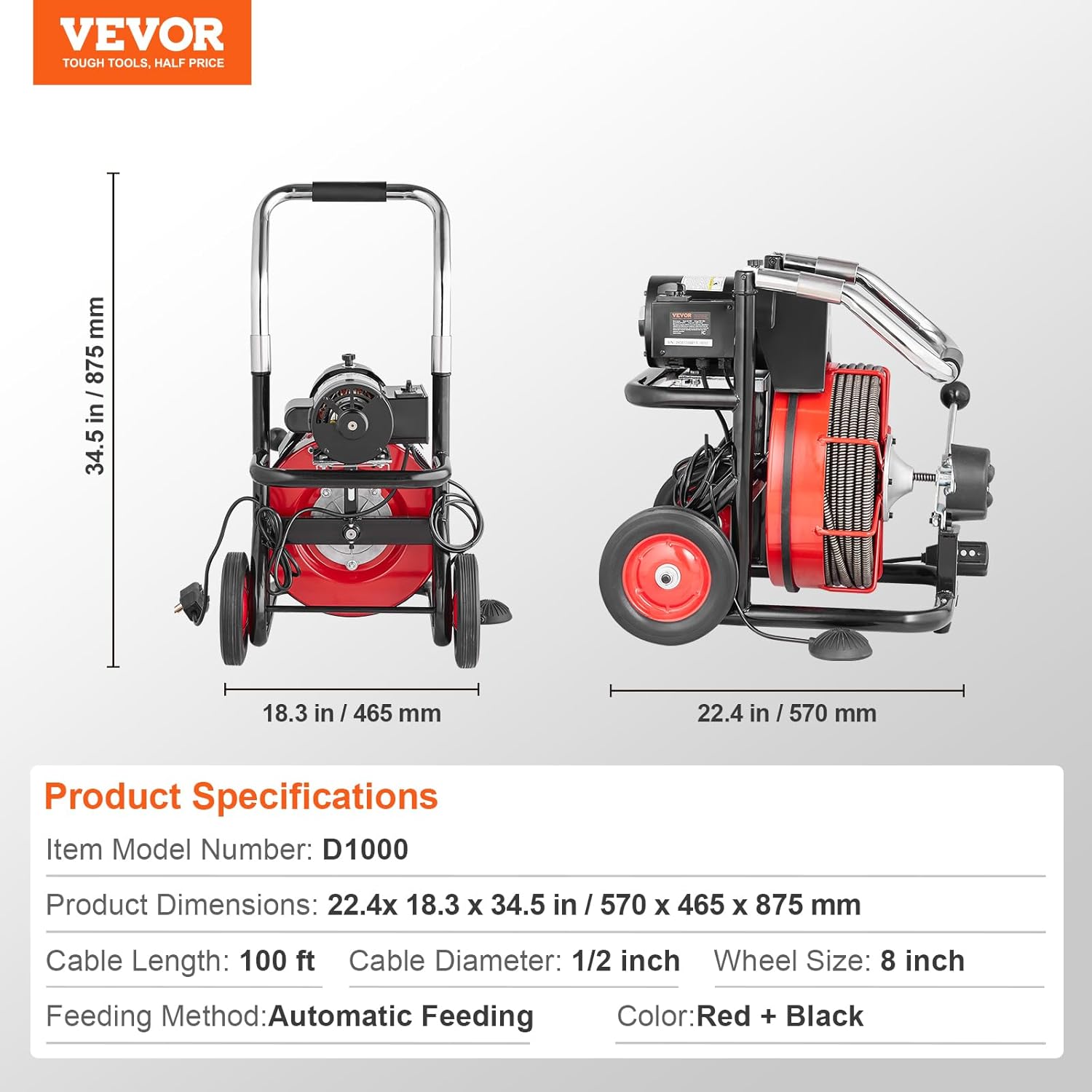 VEVOR Drain Cleaner Machine 100FT x 1/2 Inch, Auto Feed Sewer Snake Auger on Wheels, 550W Portable Drain Cleaning Machine with 8 Cutters & Air-activated Foot Switch for 2
