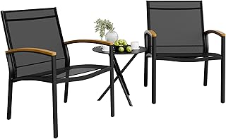 Shintenchi 3 Pieces Patio Bistro Sets, Outdoor Textilene Fabric Conversation Bistro Set, Textilene Fabric Front Porch Chairs Small Patio Furniture Set with Table for Lawn,Garden,Balcony (Black)