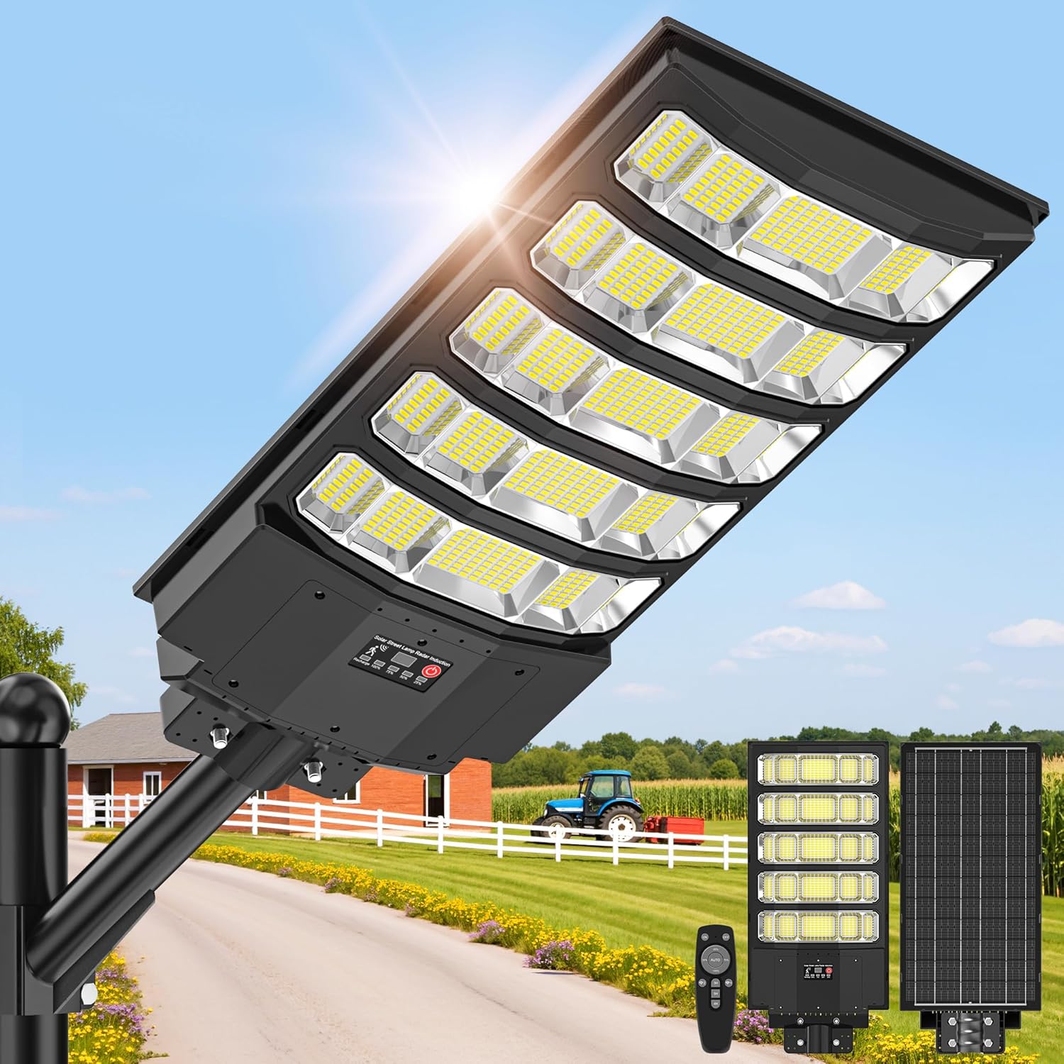 10000W Solar Lights Outdoor - 8000K Solar Street Lights Outdoor, Equipped with Motion Sensor, Dusk to Dawn, IP66 Waterproof, 350°Wide Angle Parking Lot Flood Lights with Remote Control 2-Year Warranty