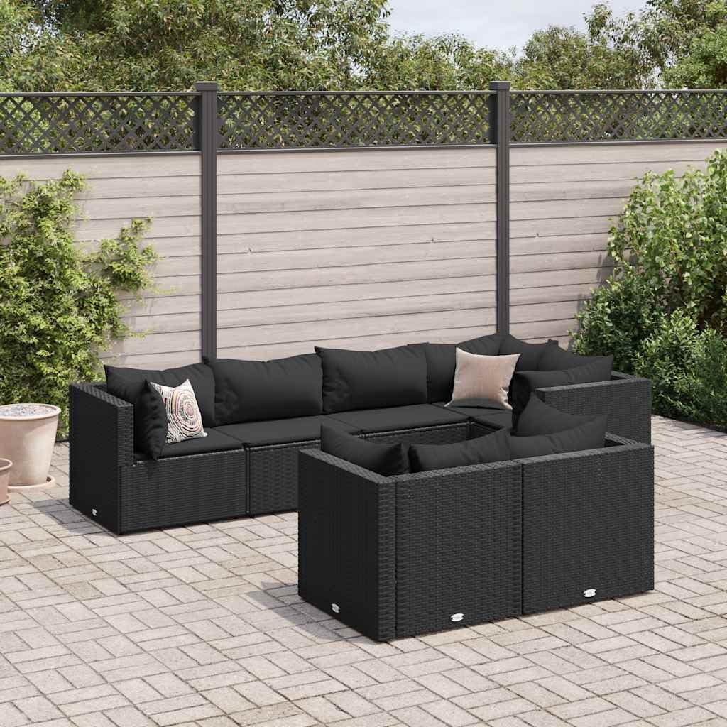 7 Piece Patio Lounge Set with Cushions Black Poly Rattan, Patio Furniture Sets, Outdoor Furniture